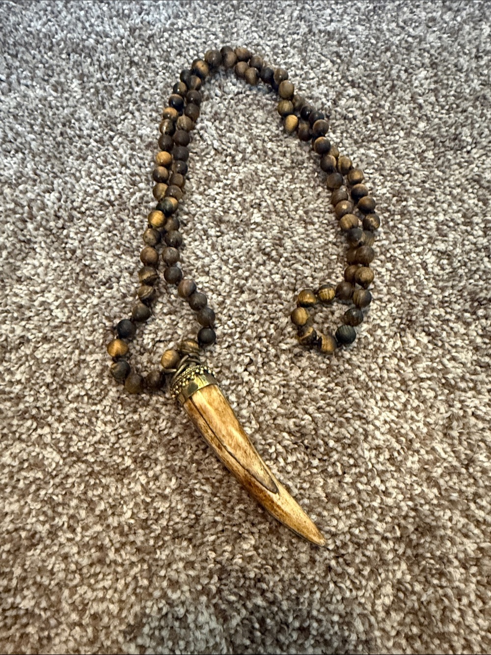 Wood Bead Pendant Necklace with Carved Horn Charm - Brown